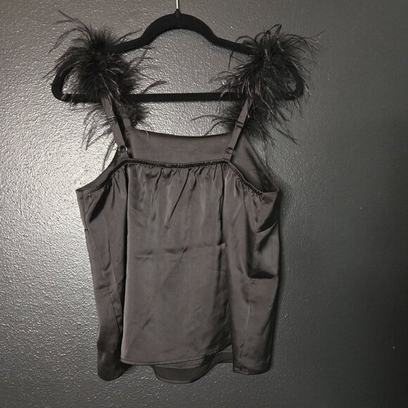 NWT Flaw Versona Women's M Satin Feather Strap Sleeveless Top Tank Top Black - Picture 2 of 9